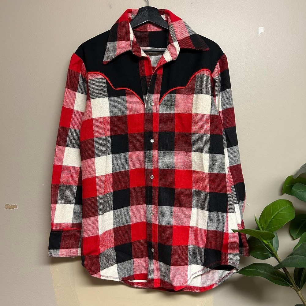 Vintage 70s 80s Western Pearl Snap Flannel Shirt Red Black Plaid Mens L